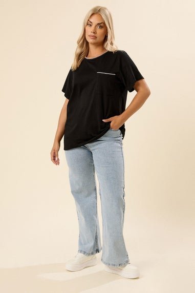 Yours Curve Black Contrast Stitch Pocket Heavyweight T Shirt