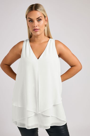 Yours London Curve White Layered V Neck Top