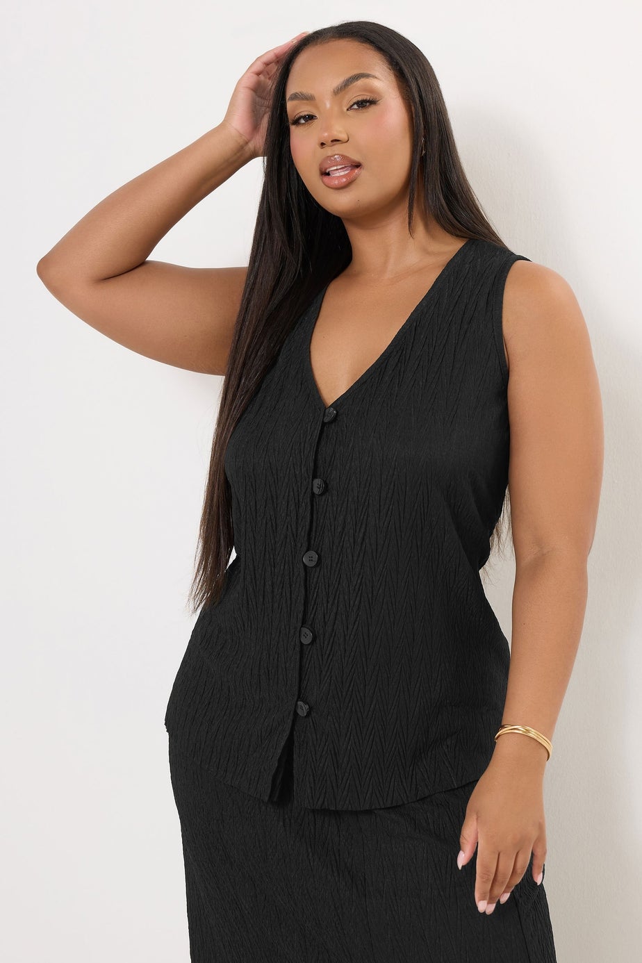 Yours Curve Black Crinkle Plisse Waistcoat