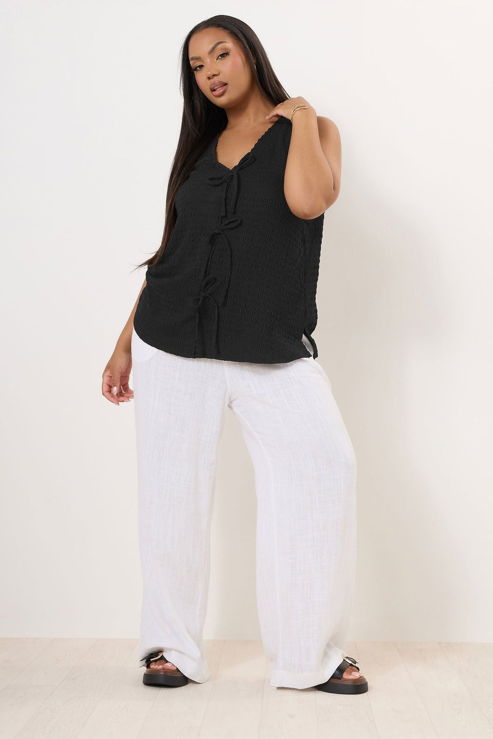 Yours Curve Black Bow Tie Front Textured Waistcoat