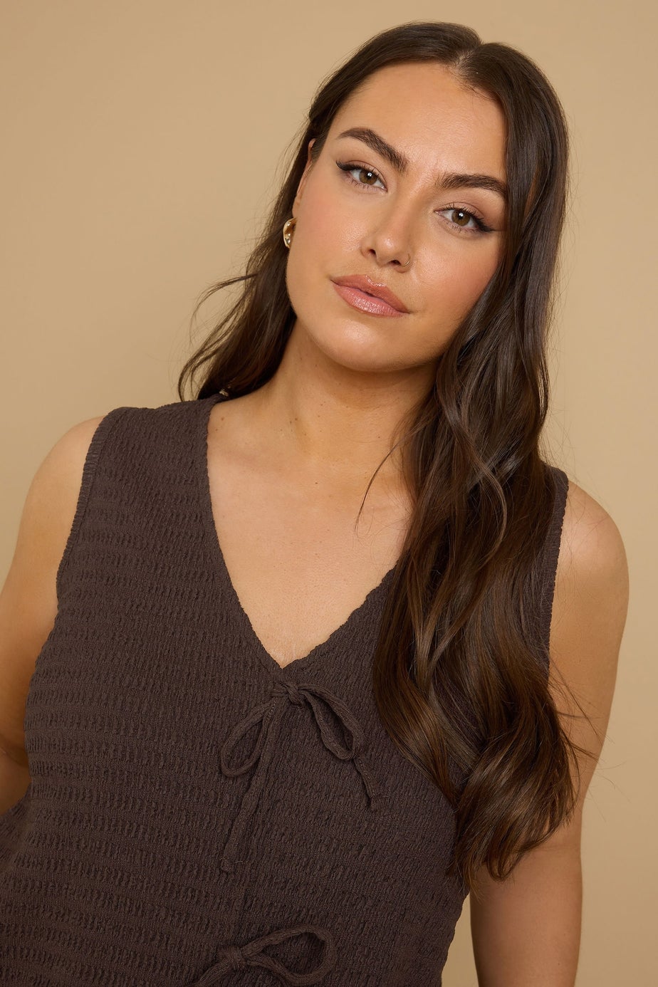 Yours Curve Chocolate Brown Bow Tie Front Textured Waistcoat