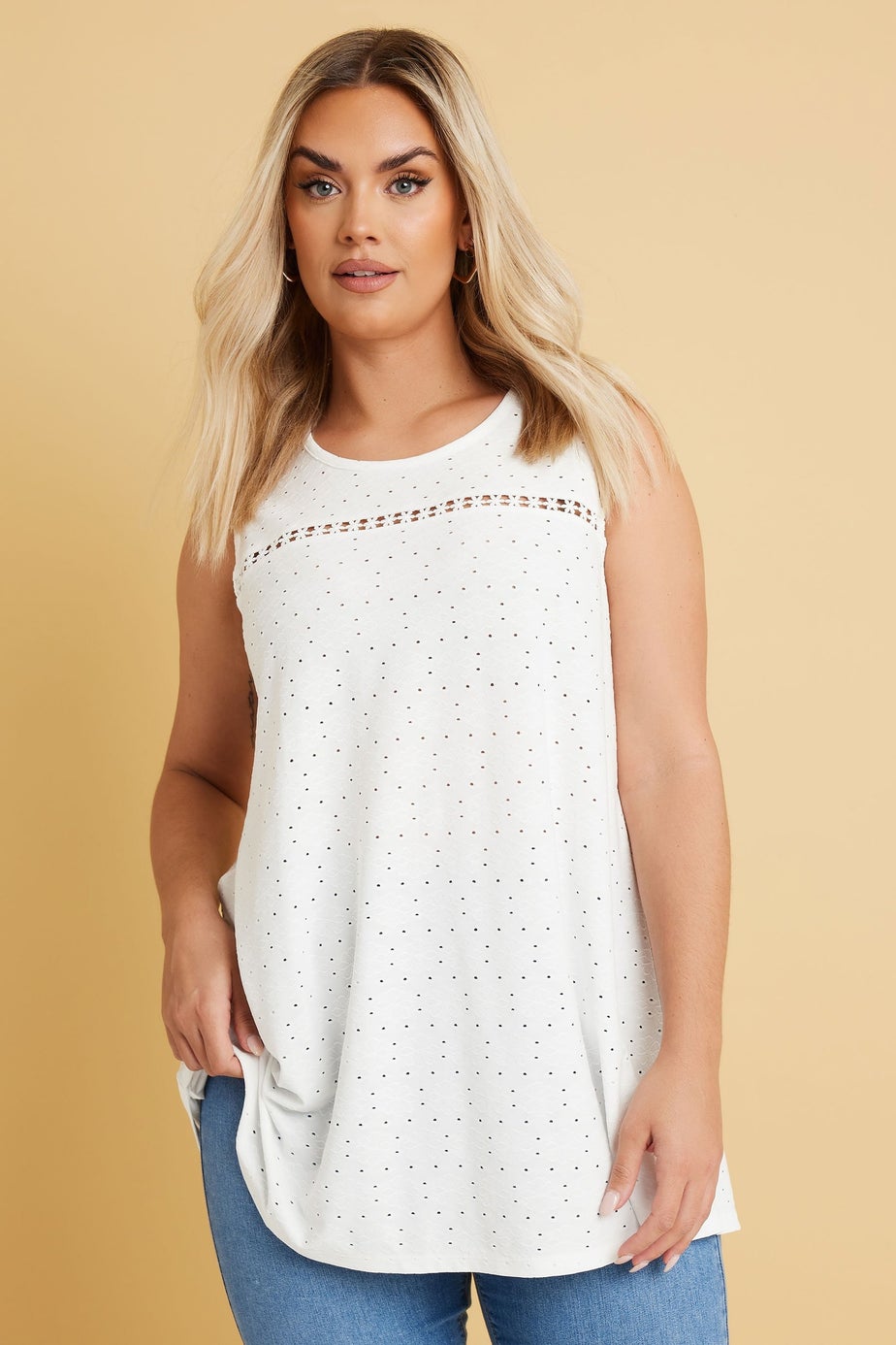 Yours Curve White Floral Broderie Anglaise Vest Top