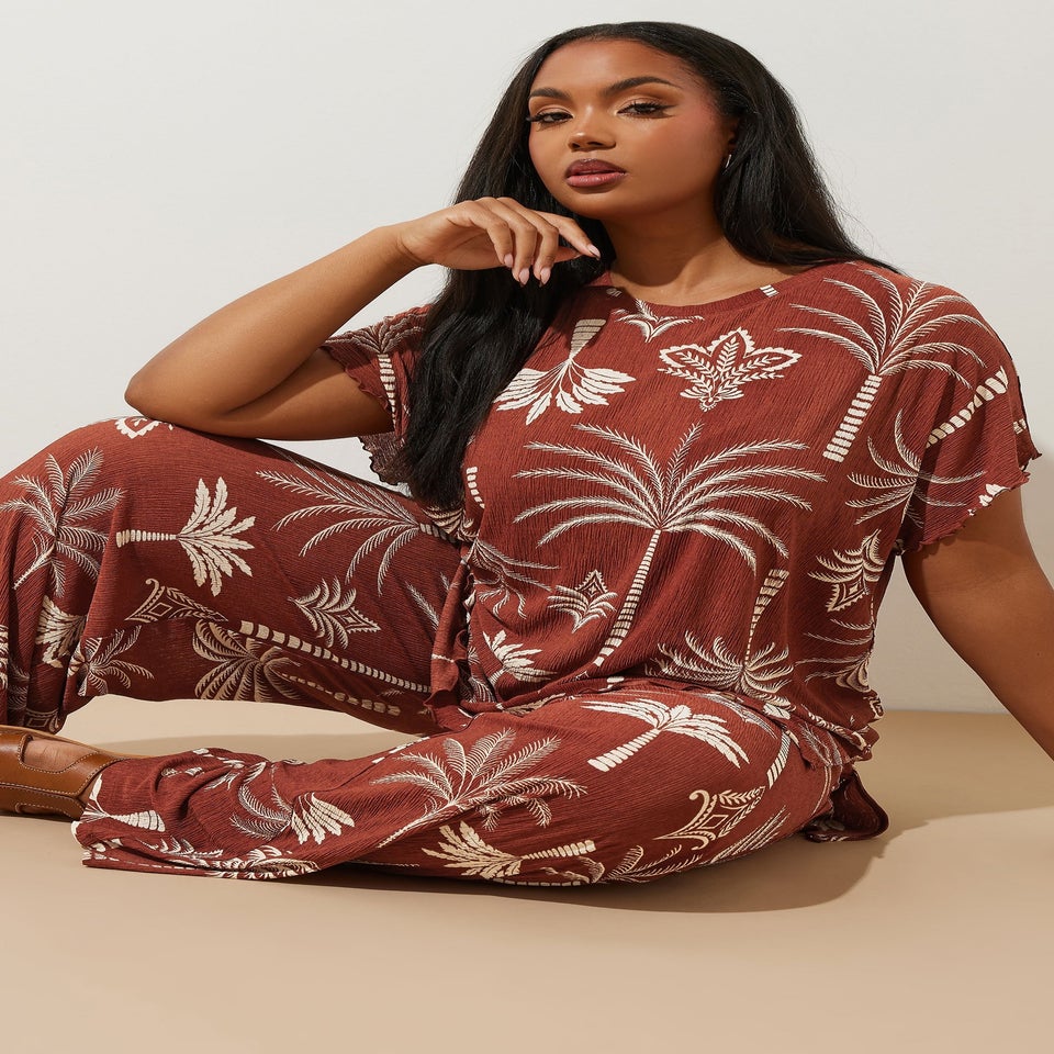 Yours Curve Brown Palm Print Plisse Top