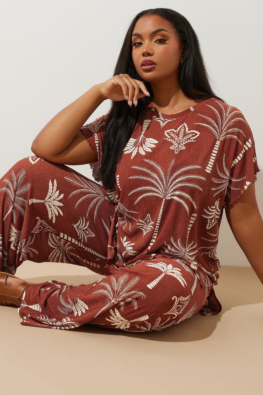 Yours Curve Brown Palm Print Plisse Top