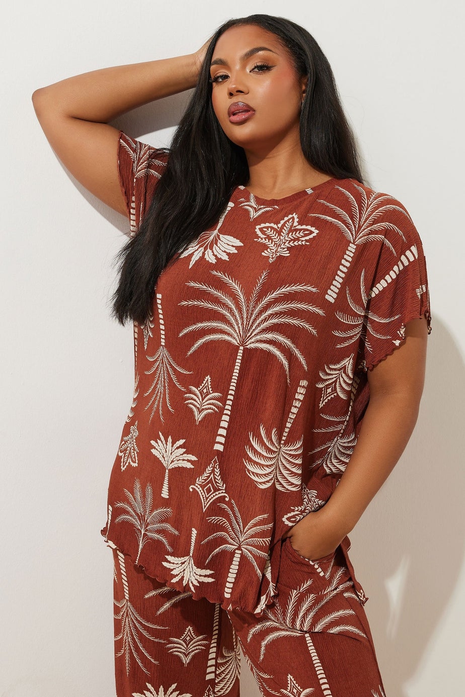 Yours Curve Brown Palm Print Plisse Top