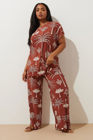 Yours Curve Brown Palm Print Plisse Top