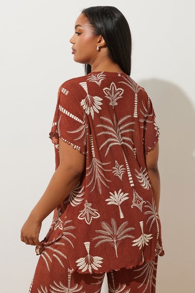 Yours Curve Brown Palm Print Plisse Top