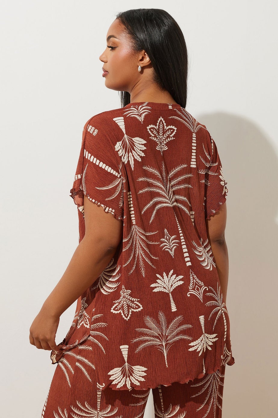 Yours Curve Brown Palm Print Plisse Top