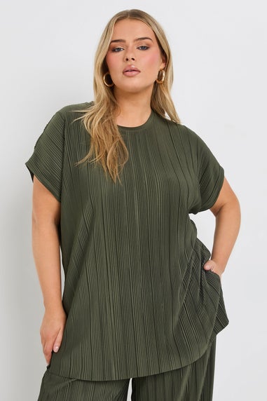 Yours Curve Khaki Green Plisse Top