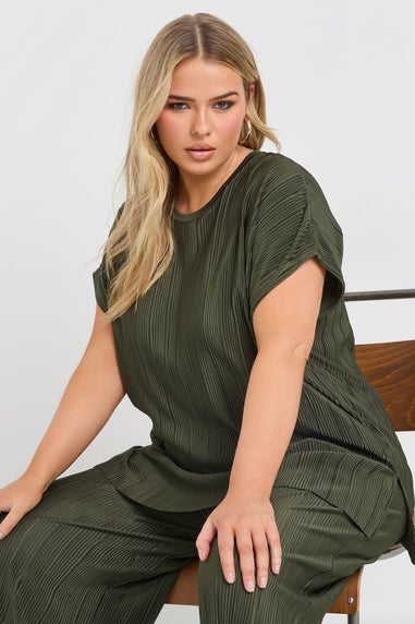 Yours Curve Khaki Green Plisse Top