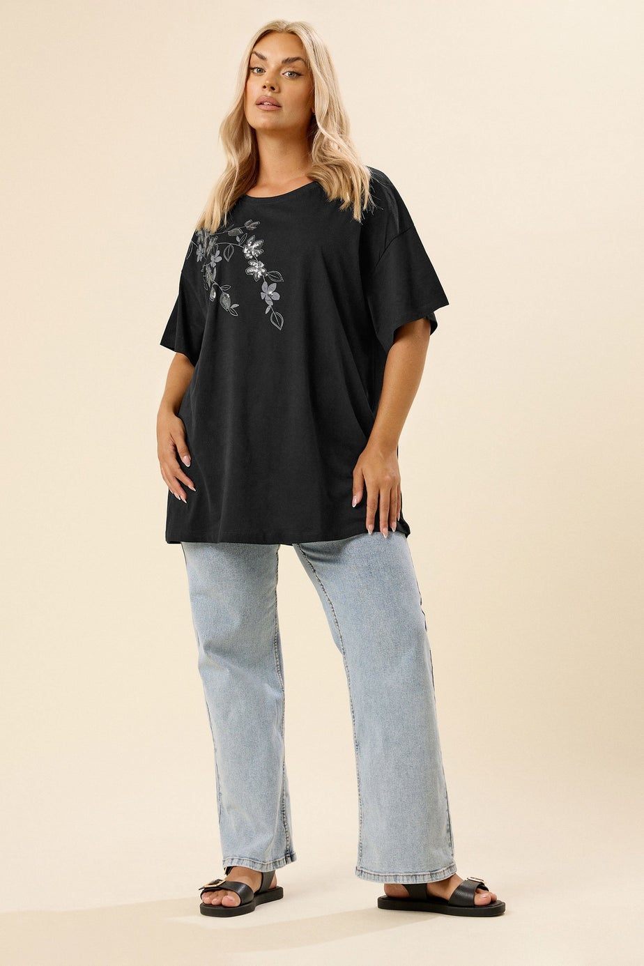 Yours Curve Black Floral Oversized Sequin Top