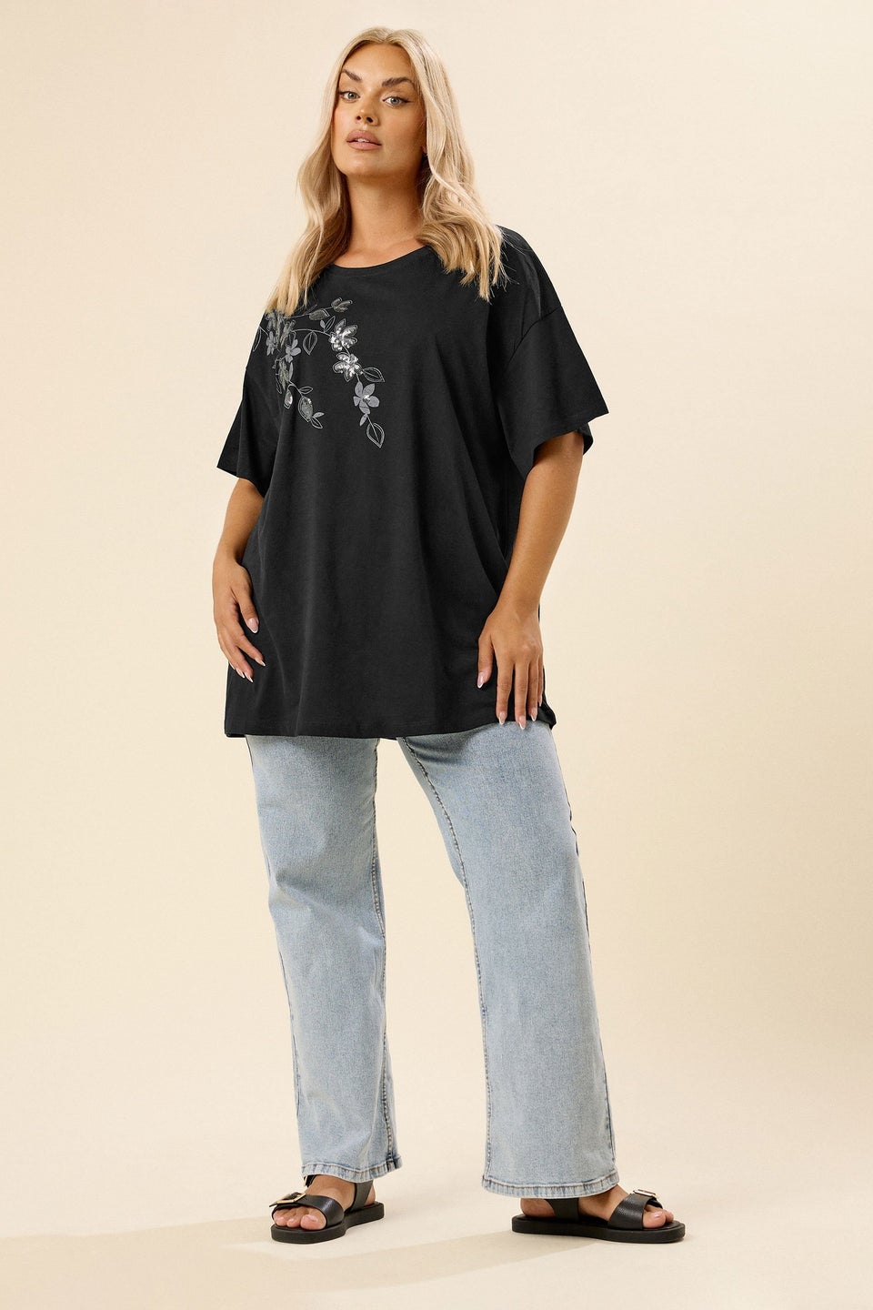 Yours Curve Black Floral Oversized Sequin Top
