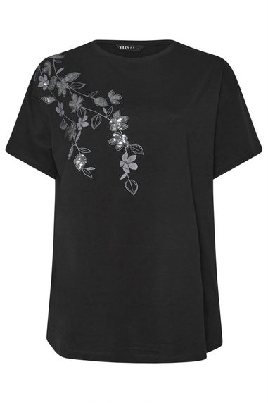 Yours Curve Black Floral Oversized Sequin Top