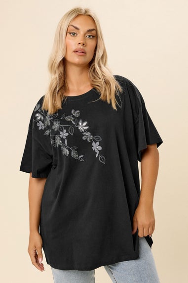 Yours Curve Black Floral Oversized Sequin Top