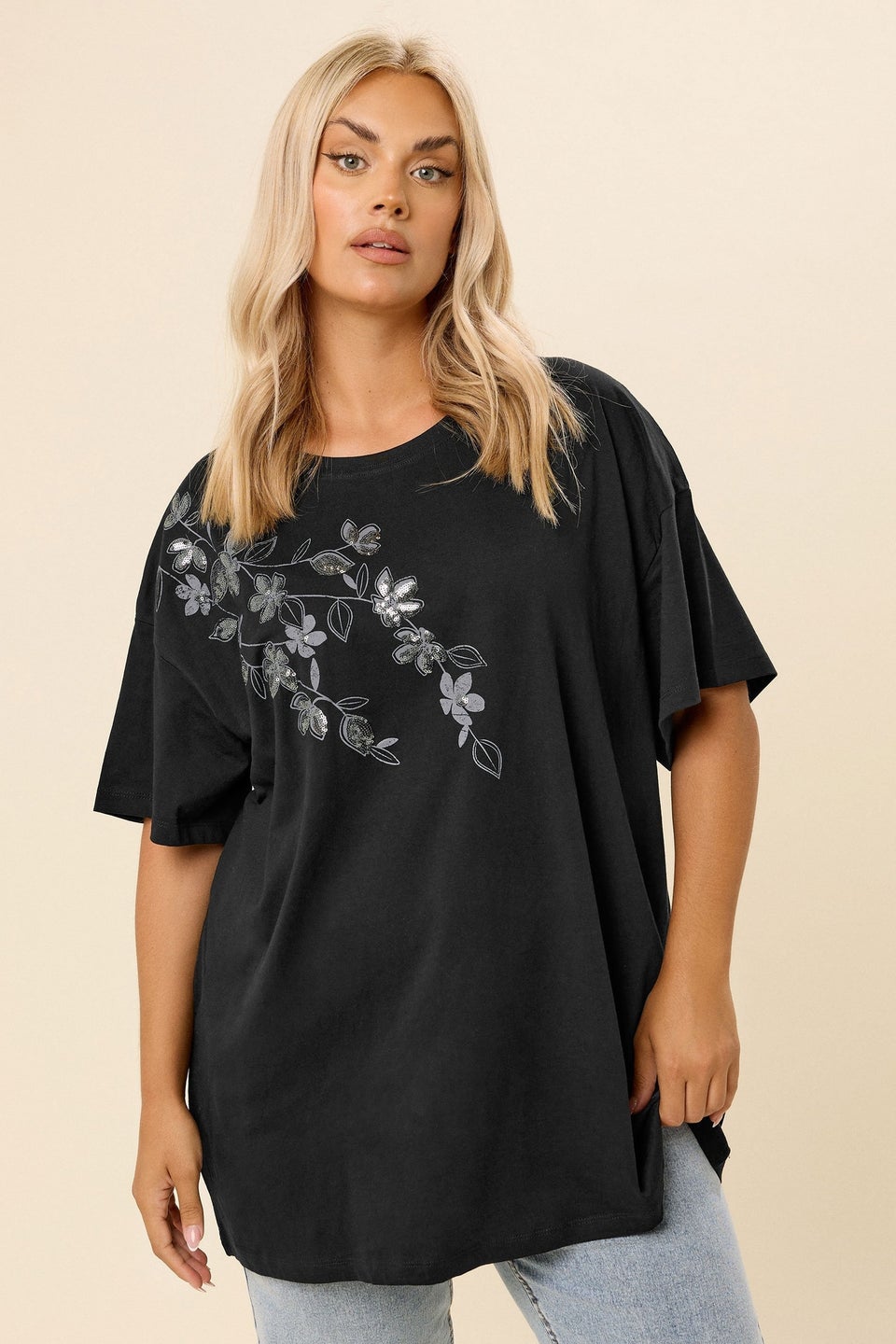 Yours Curve Black Floral Oversized Sequin Top