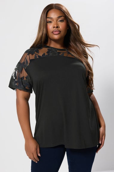 Yours Curve Black Floral Burnout Boxy T Shirt