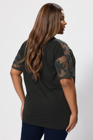 Yours Curve Black Floral Burnout Boxy T Shirt
