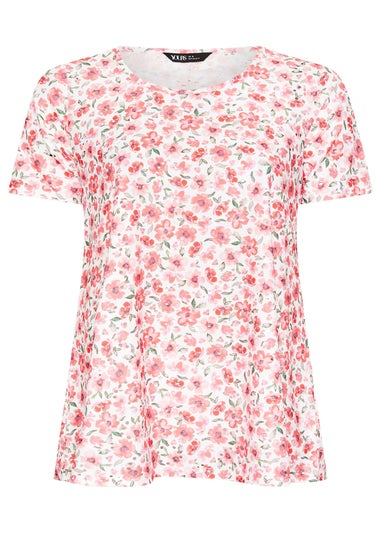 Yours Curve Pink Floral Print Broderie Anglaise T Shirt