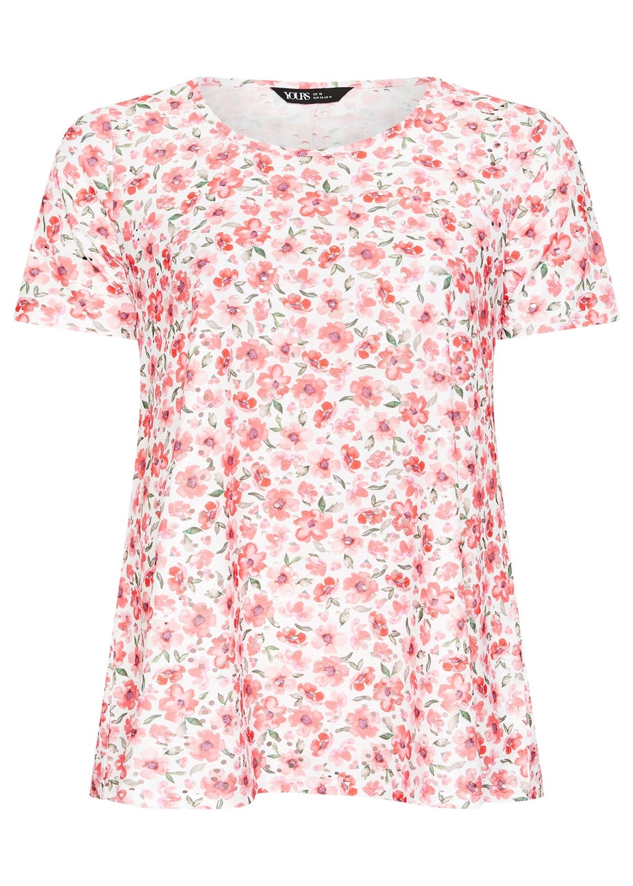 Yours Curve Pink Floral Print Broderie Anglaise T Shirt