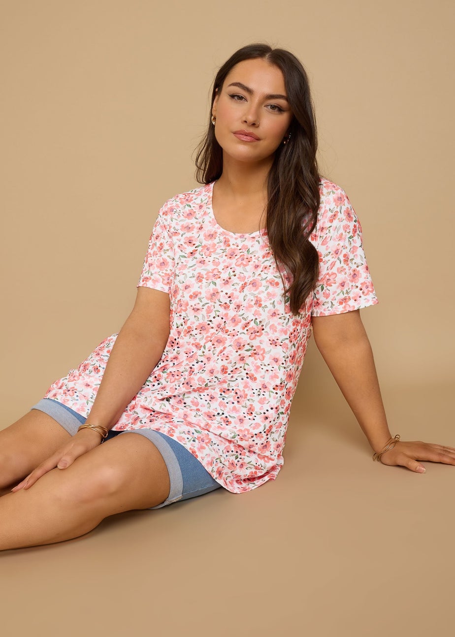 Yours Curve Pink Floral Print Broderie Anglaise T Shirt