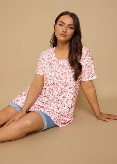 Yours Curve Pink Floral Print Broderie Anglaise T Shirt