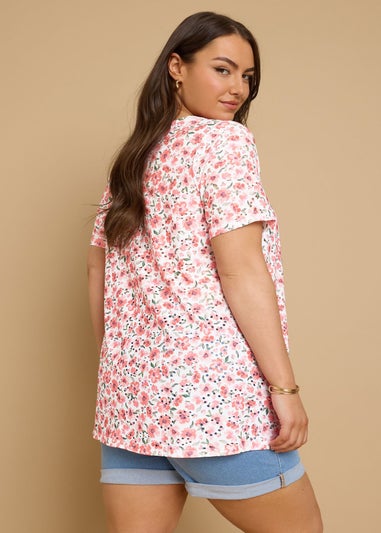 Yours Curve Pink Floral Print Broderie Anglaise T Shirt