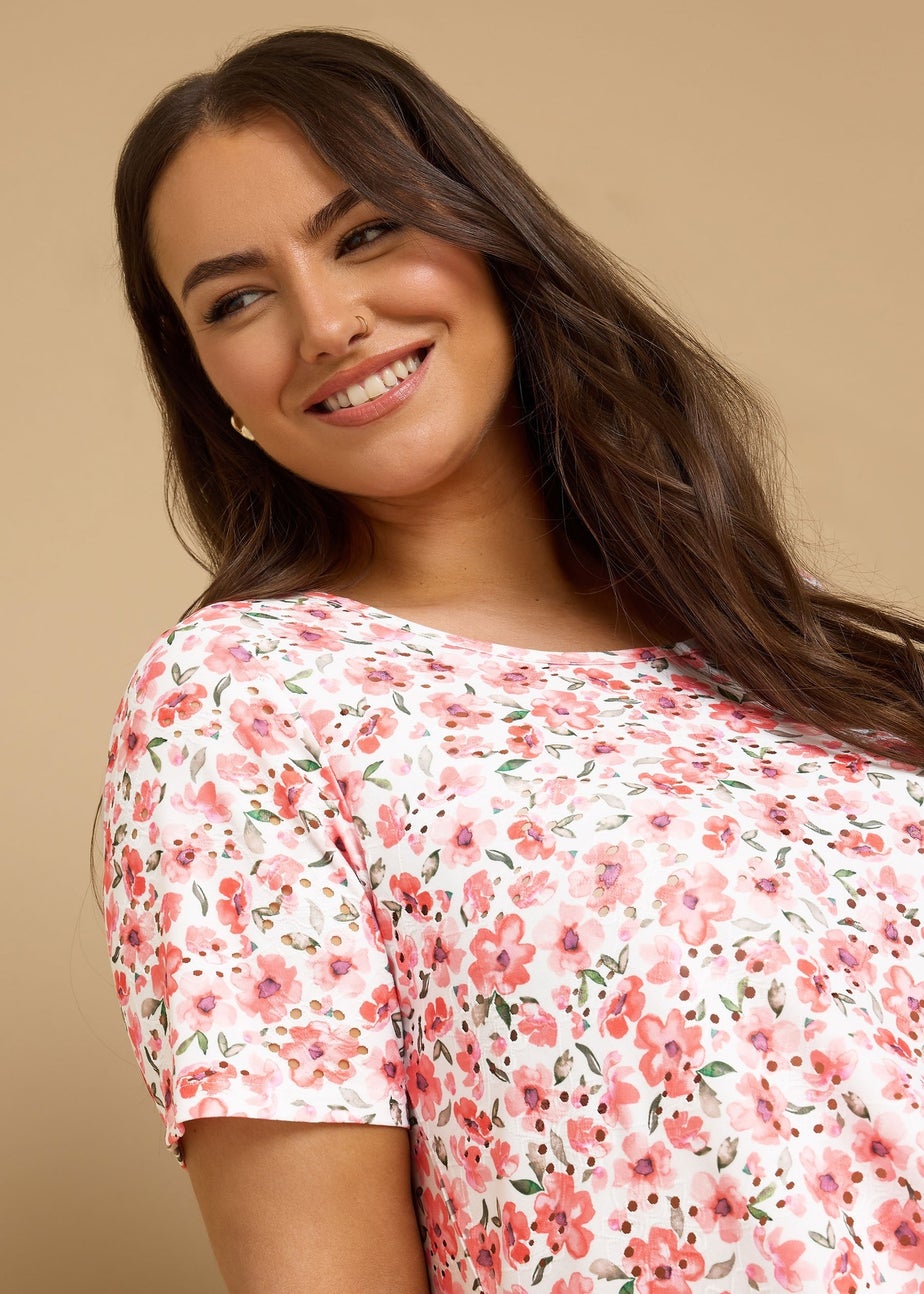 Yours Curve Pink Floral Print Broderie Anglaise T Shirt