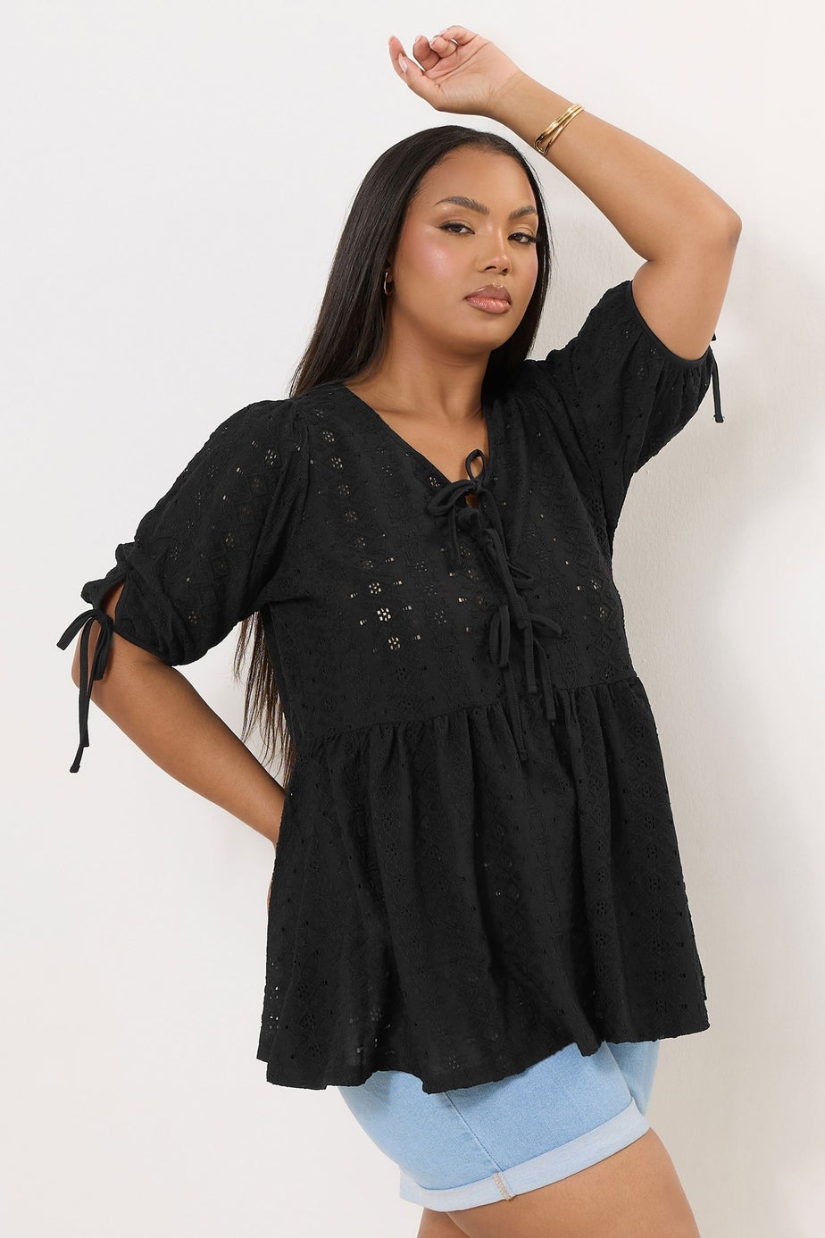 Yours Curve Black Broderie Anglaise Bow Tie Front Peplum Top