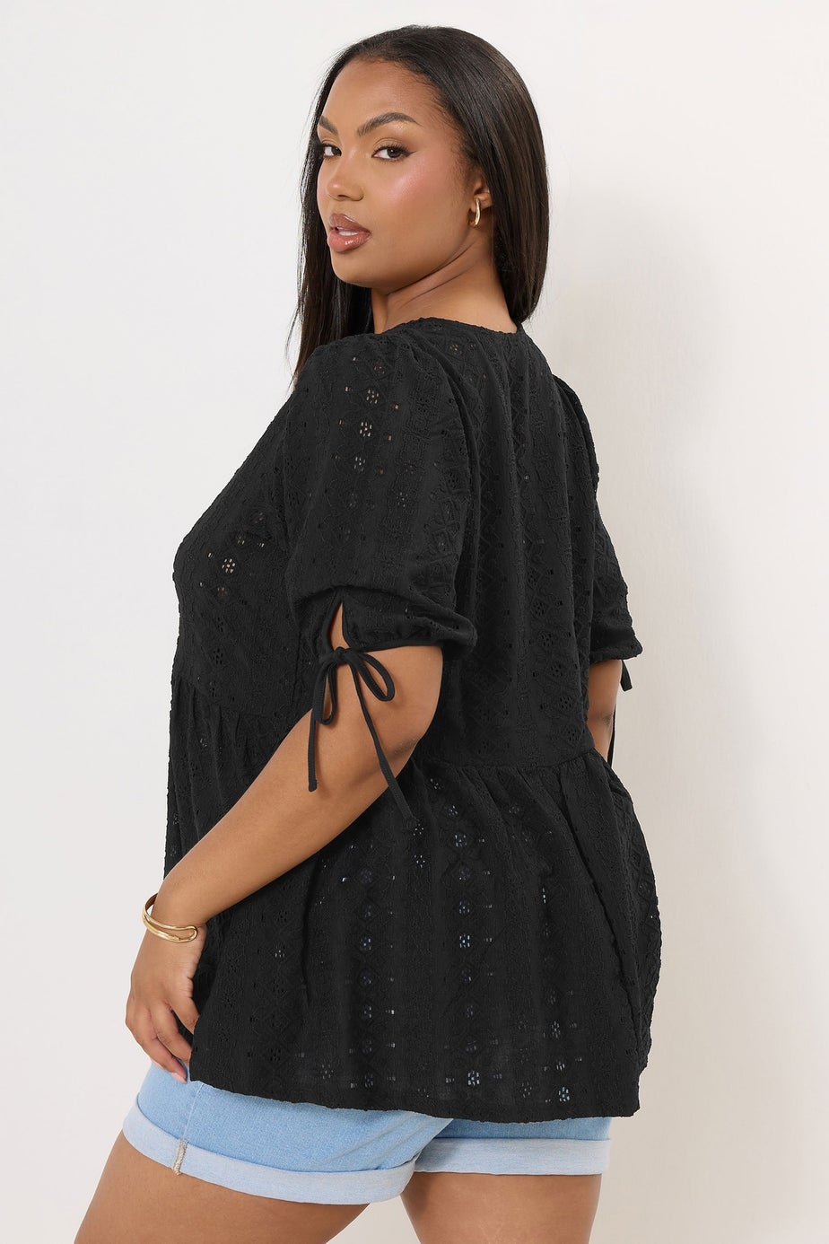 Yours Curve Black Broderie Anglaise Bow Tie Front Peplum Top