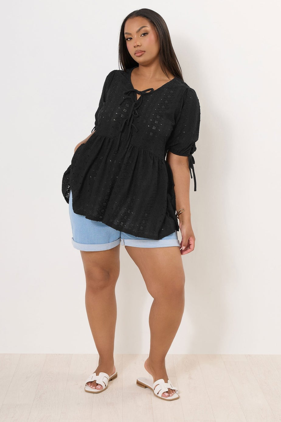 Yours Curve Black Broderie Anglaise Bow Tie Front Peplum Top