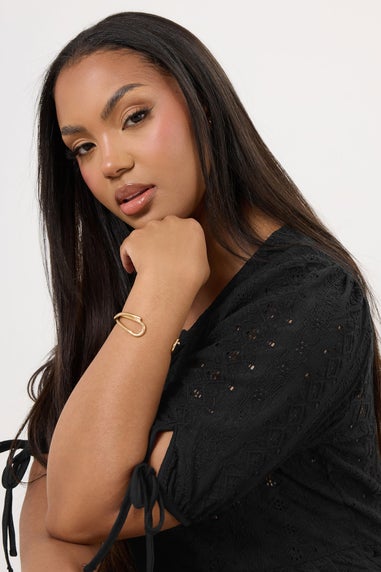 Yours Curve Black Broderie Anglaise Bow Tie Front Peplum Top