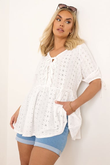 Yours Curve White Broderie Anglaise Bow Tie Front Peplum Top