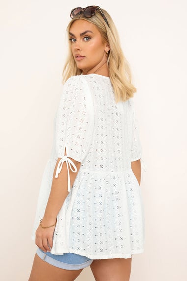 Yours Curve White Broderie Anglaise Bow Tie Front Peplum Top