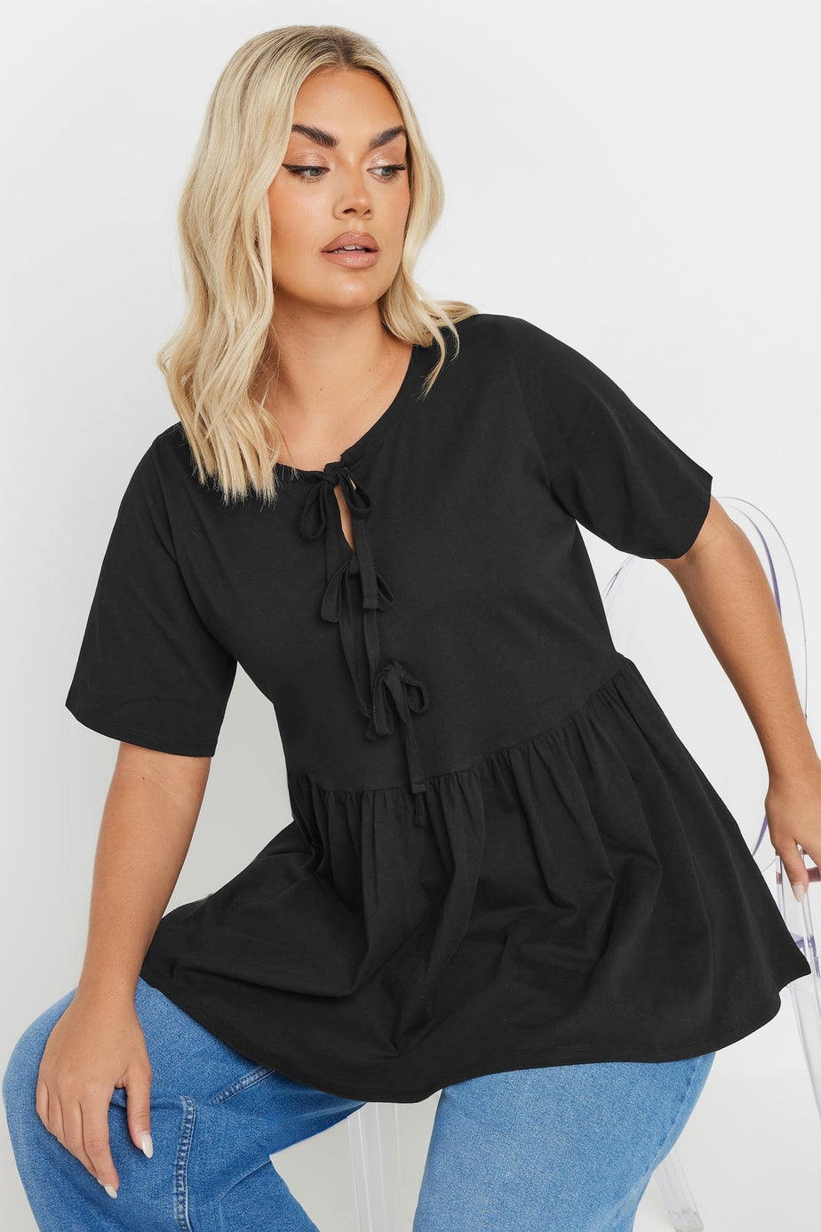 YOURS Curve Black Bow Tie Front Peplum Top