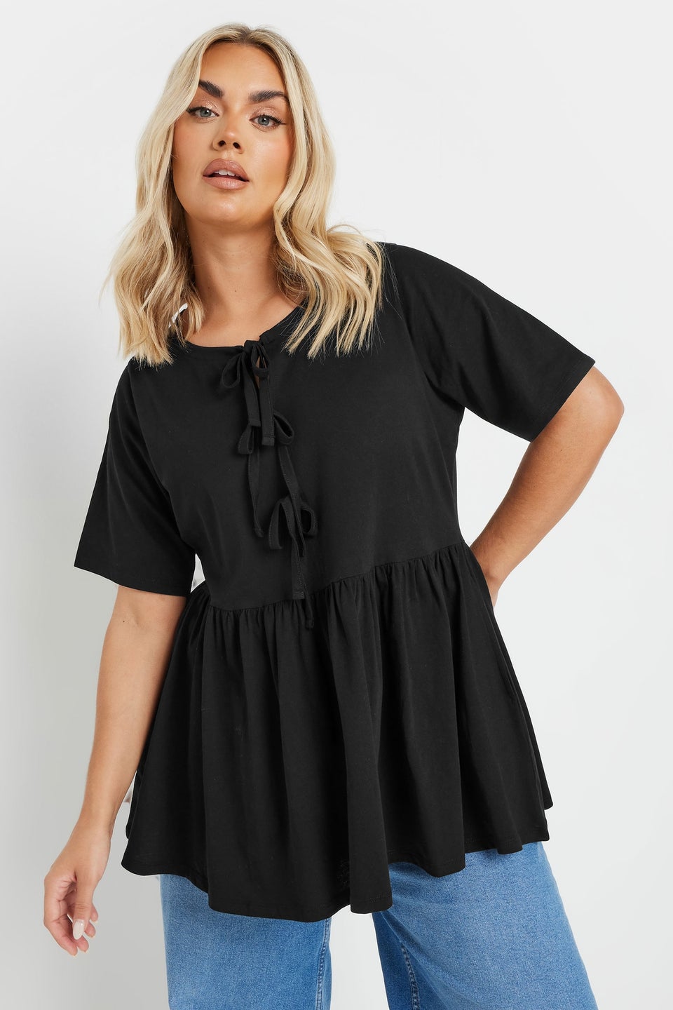 YOURS Curve Black Bow Tie Front Peplum Top