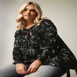 YOURS Curve Black Floral Tie Neck Pintuck Top