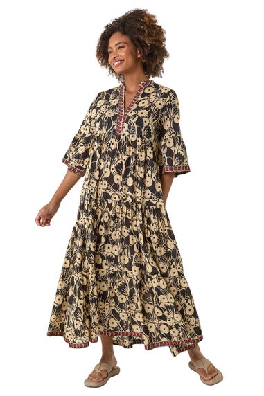 Roman Black Floral Print Border Maxi Dress