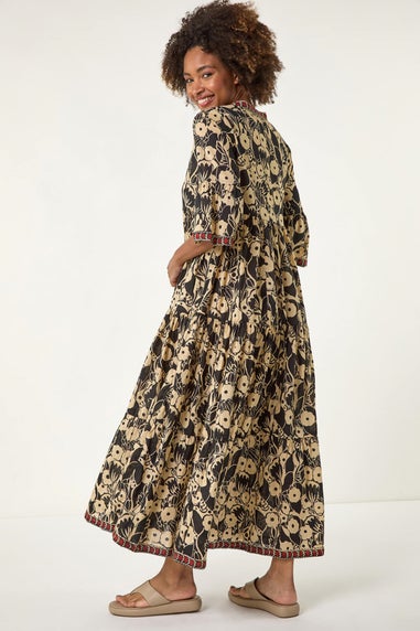 Roman Black Floral Print Border Maxi Dress