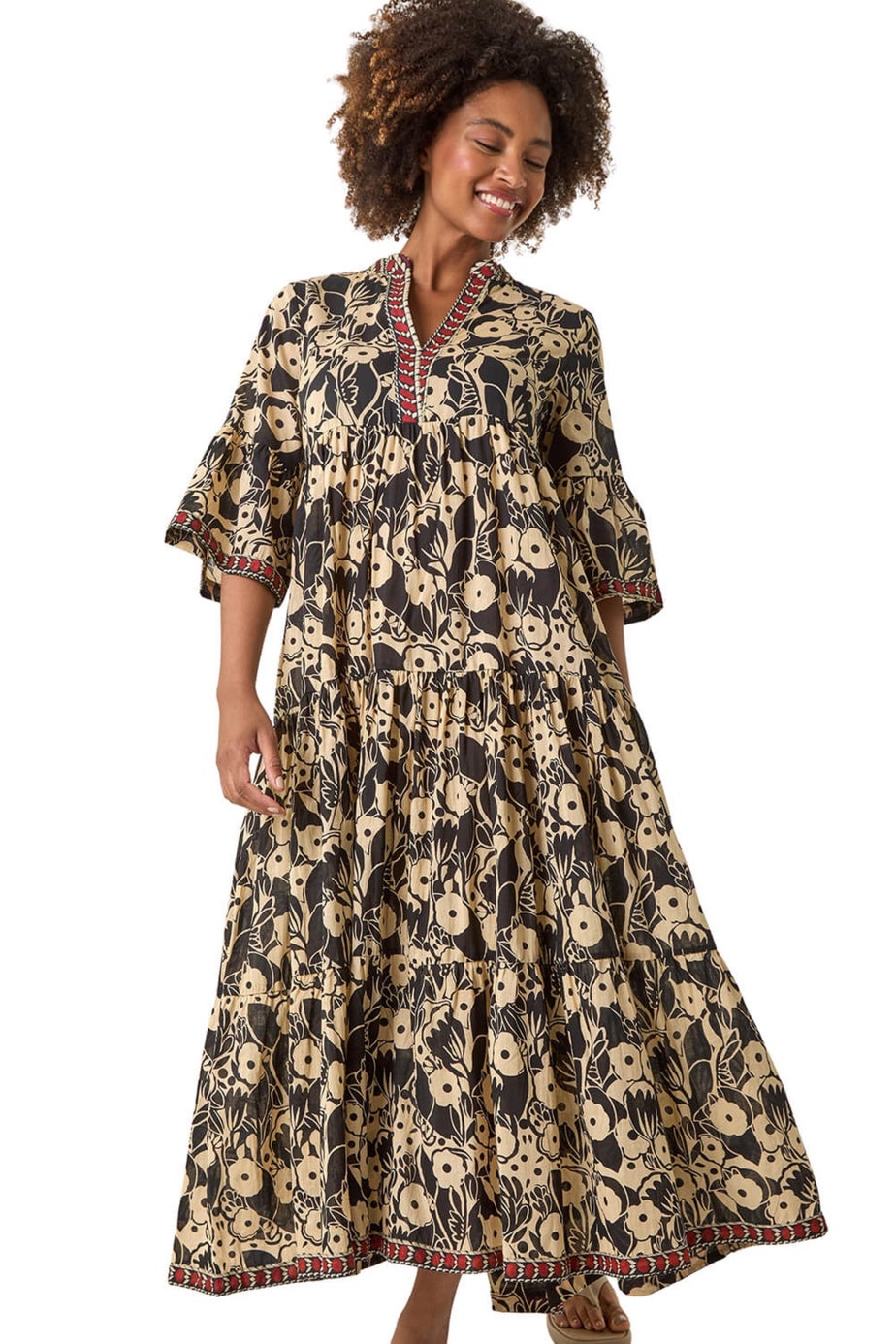 Roman Black Floral Print Border Maxi Dress