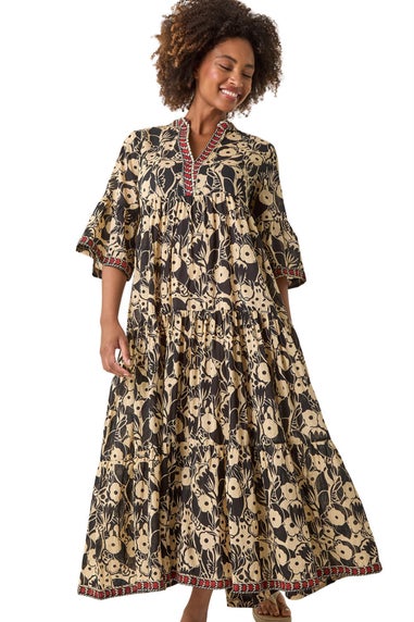 Roman Black Floral Print Border Maxi Dress