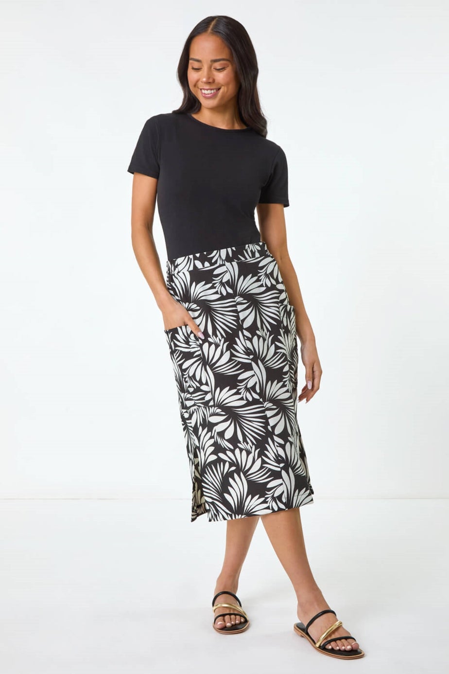 Roman Black Petite Leaf Print Linen Midi Skirt