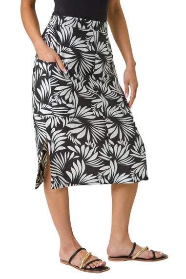 Roman Black Petite Leaf Print Linen Midi Skirt
