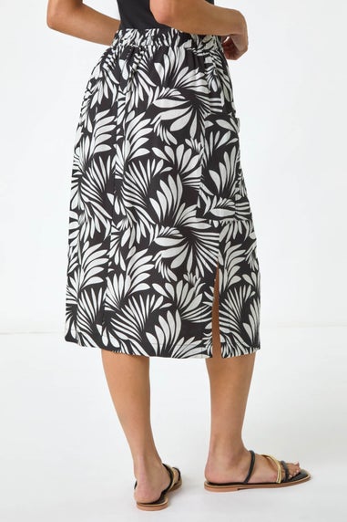 Roman Black Petite Leaf Print Linen Midi Skirt
