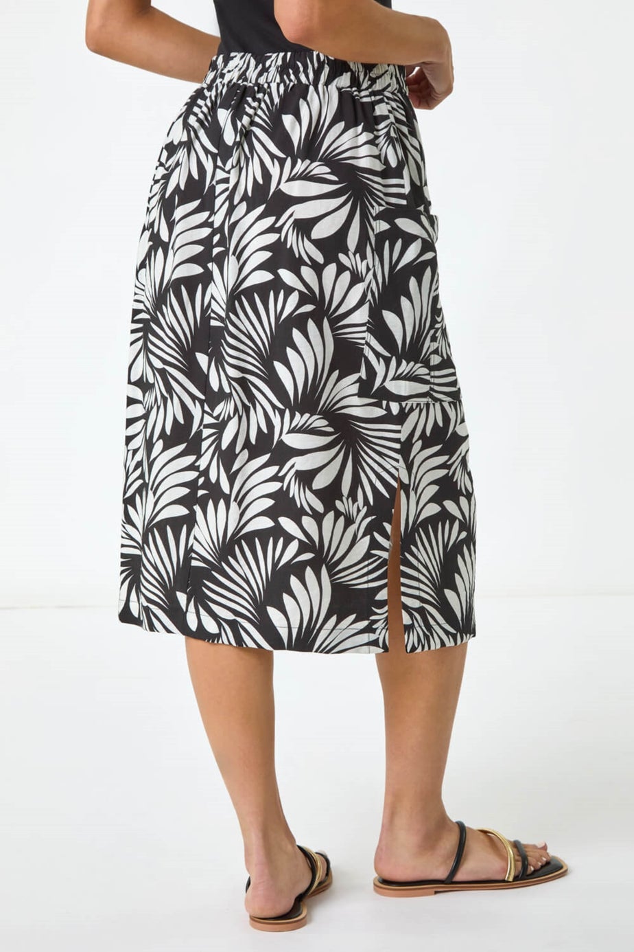 Roman Black Petite Leaf Print Linen Midi Skirt