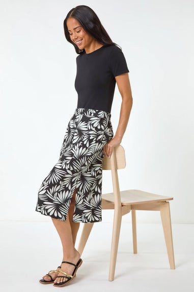 Roman Black Petite Leaf Print Linen Midi Skirt