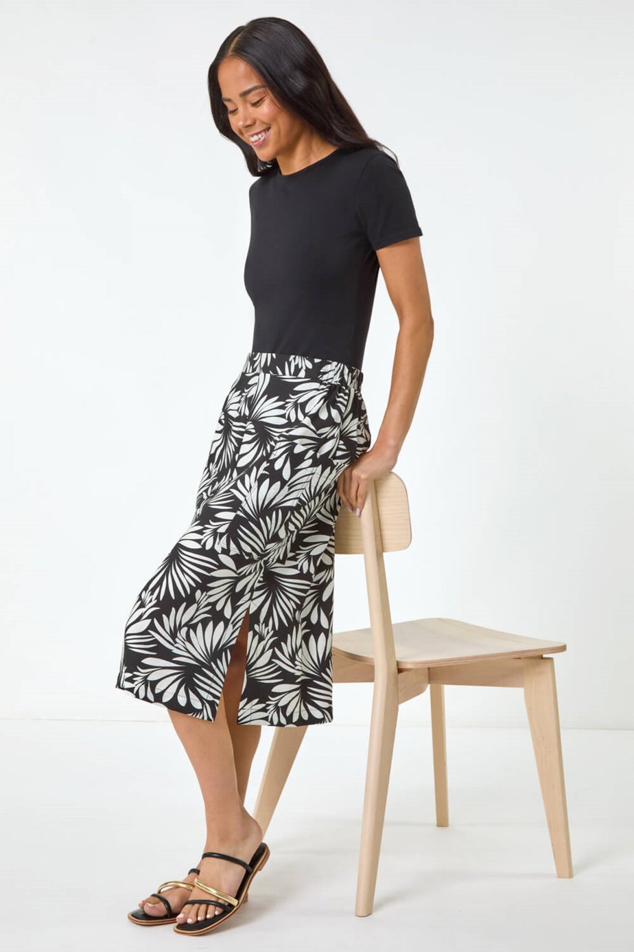 Roman Black Petite Leaf Print Linen Midi Skirt