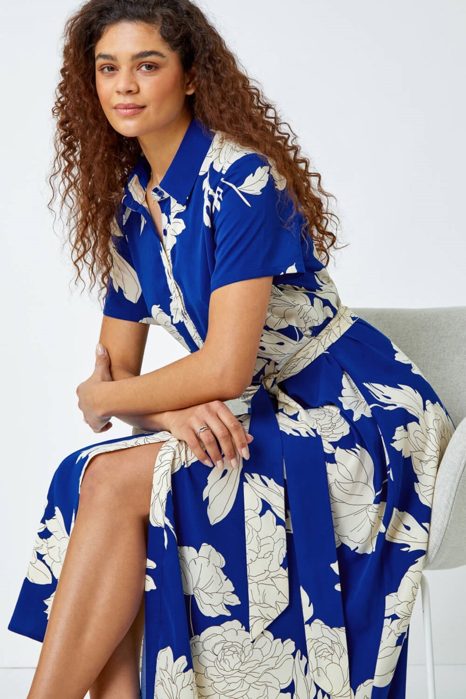 Roman Royal Blue Contrast Floral Print Shirt Dress