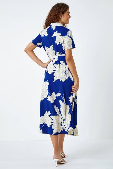 Roman Royal Blue Contrast Floral Print Shirt Dress