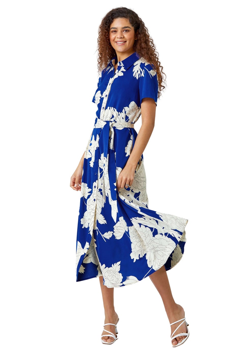 Roman Royal Blue Contrast Floral Print Shirt Dress