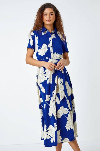 Roman Royal Blue Contrast Floral Print Shirt Dress